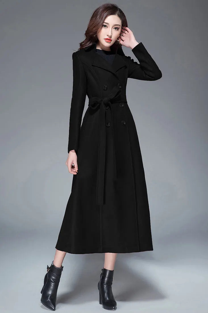 Handmade Light Gray Wool Coat – Elegant Double-Breasted Belted Long Overcoat 