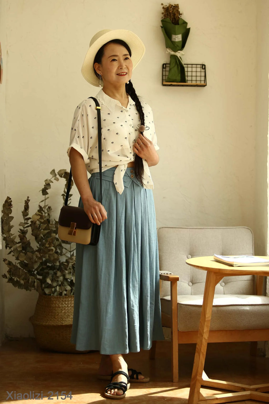 Women’s Brown Linen-Cotton Maxi Skirt – Elastic Waist Long Pleated Skirt 