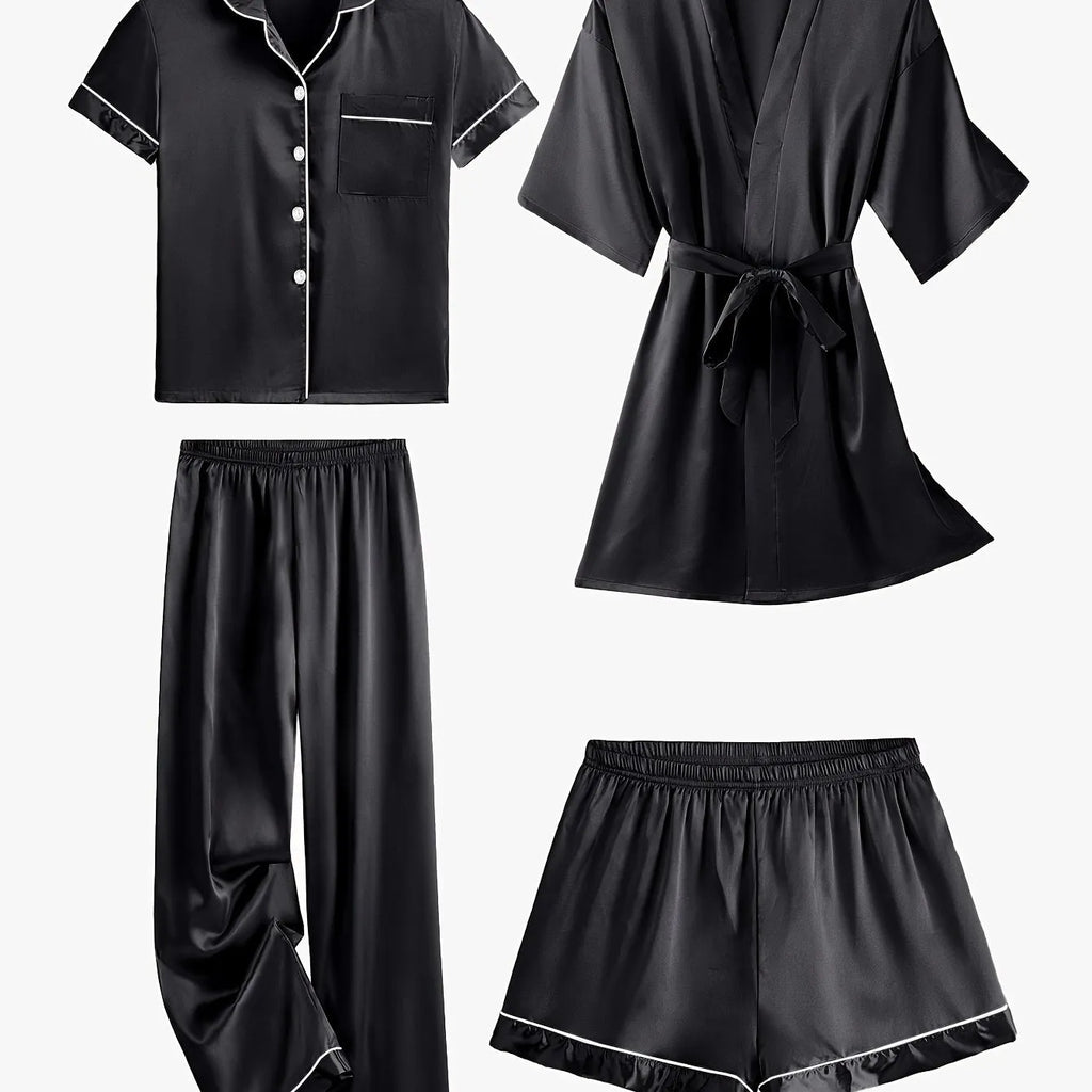 Juliette | 4-Piece Solid Satin Pajama Mid-Sleeve Robe Set