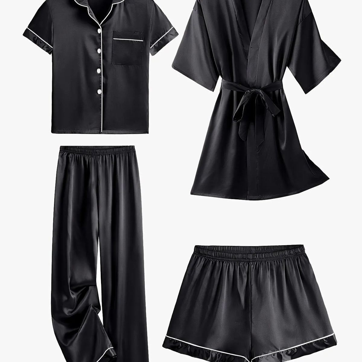 Juliette | 4-Piece Solid Satin Pajama Mid-Sleeve Robe Set