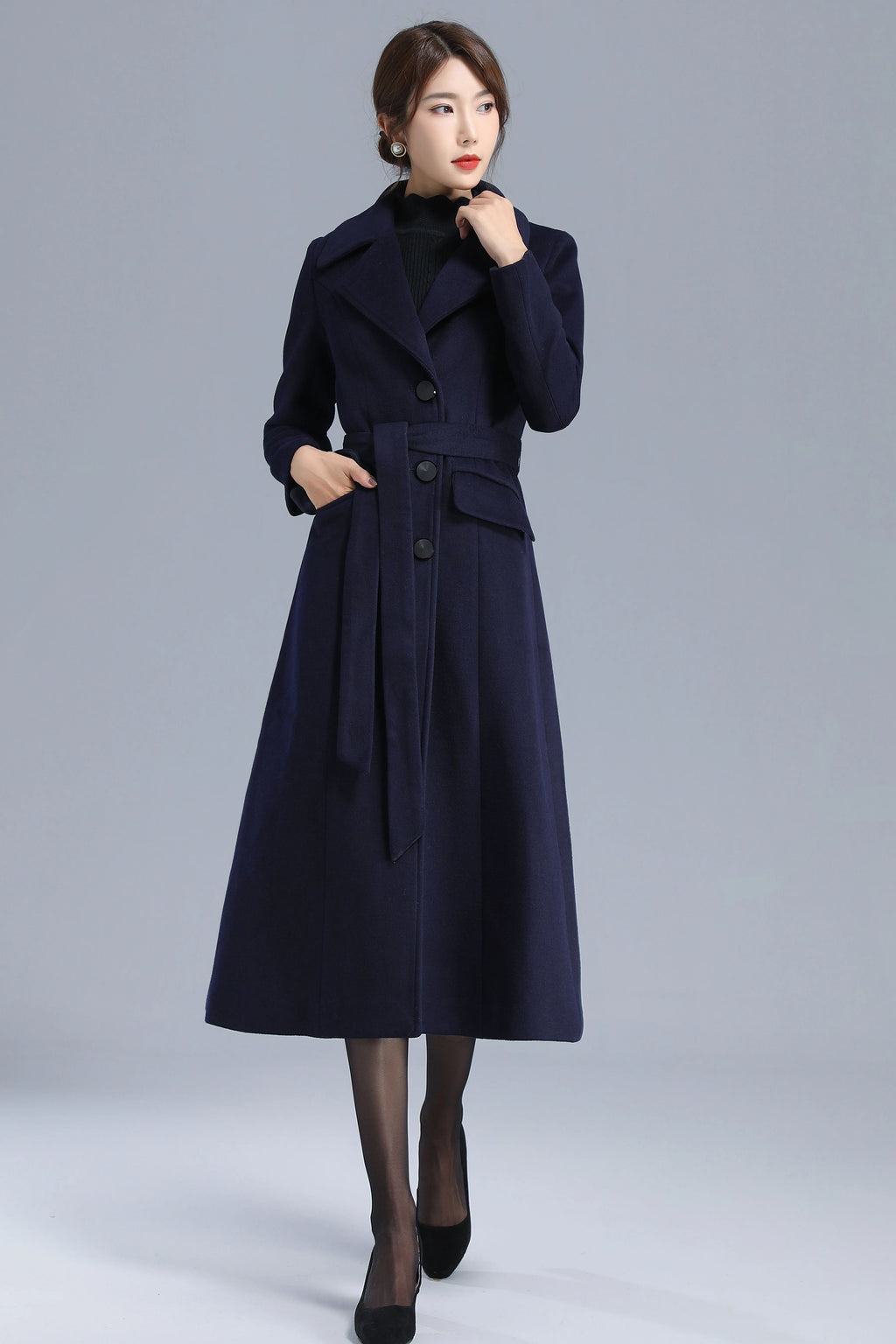 Navy Wool Coat - Single Breasted with Belted Waist 3205