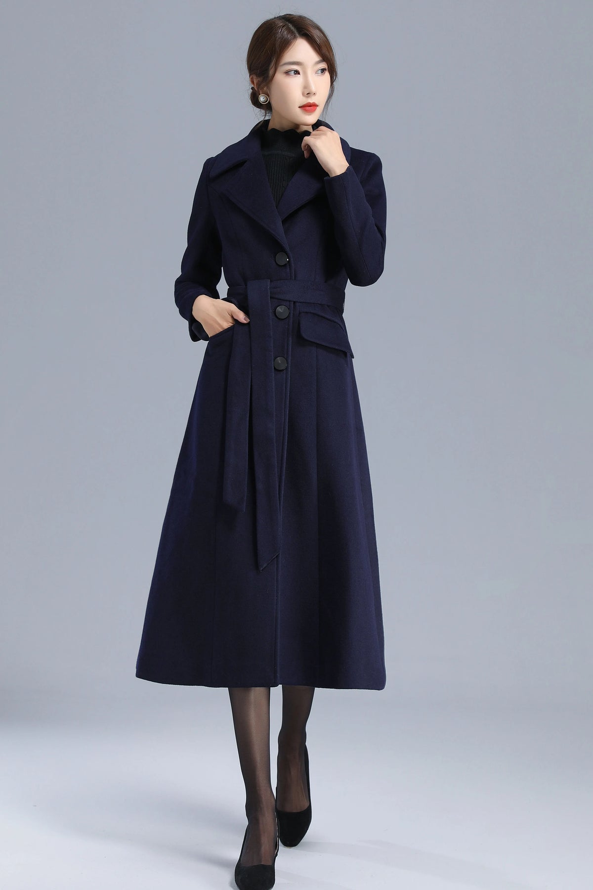 Navy Wool Coat - Single Breasted with Belted Waist 3205