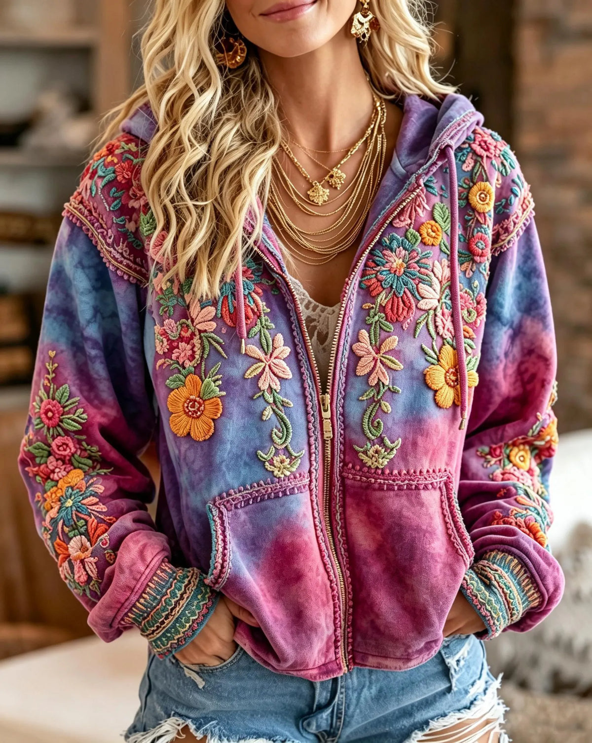 Women's Retro Floral Embroidery Gradient Art Casual Zipper Hoodie