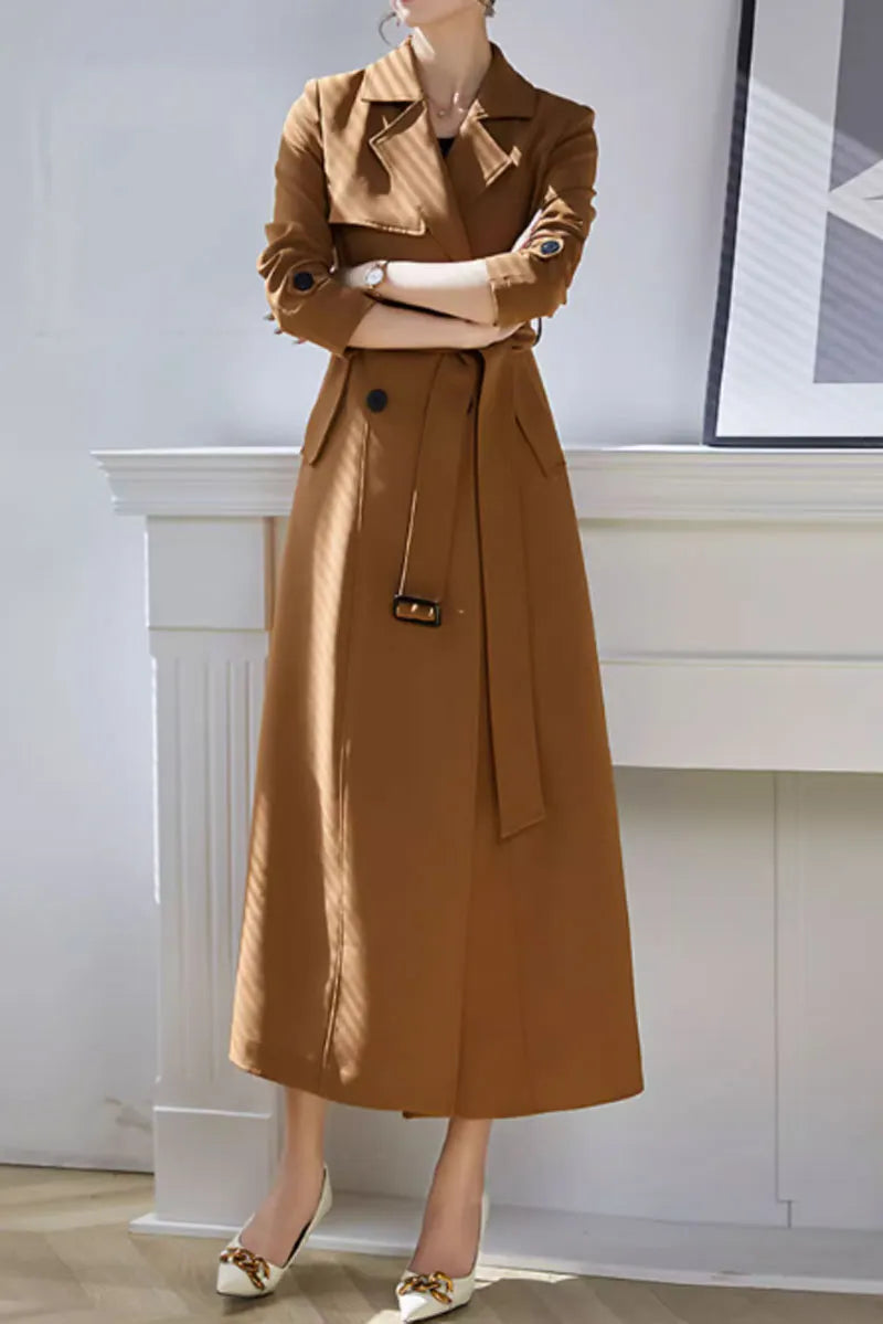 Camel Polyester Maxi Trench Coat - Tie Belt Waist, Lapel Collar 4600