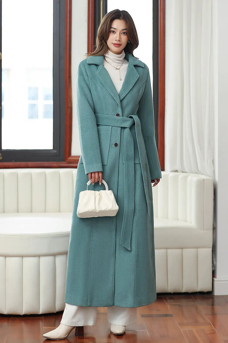 Minimalist Wool Blend Coat – Handmade Light Teal Long Winter Overcoat 
