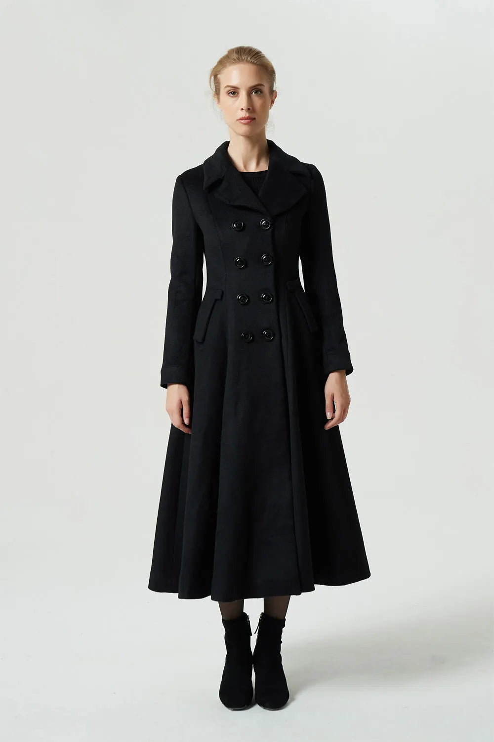 Black Wool Coat – Elegant Double Breasted Long Winter Overcoat  1968