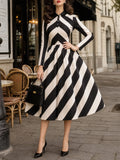 Vintage Black White Chevron-Stripe Collared A-Line Dress