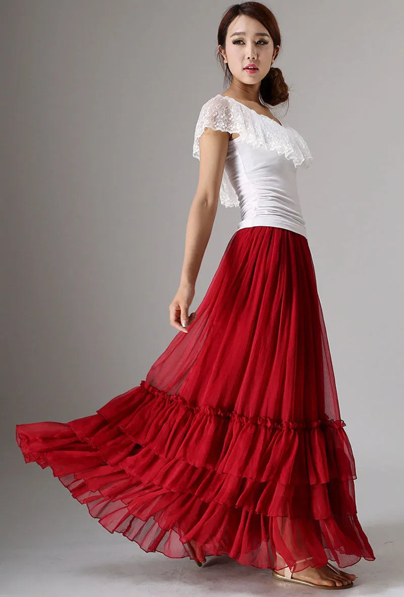 Elegant Handmade Red Chiffon Skirt – Layered Ruffle Maxi for Women 