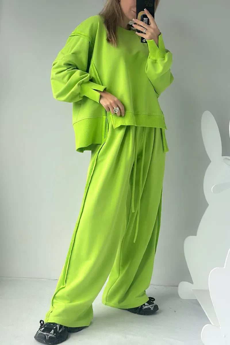 Women Round Neck Spliced Sweatshirt + Drawstring Pants Casual Set