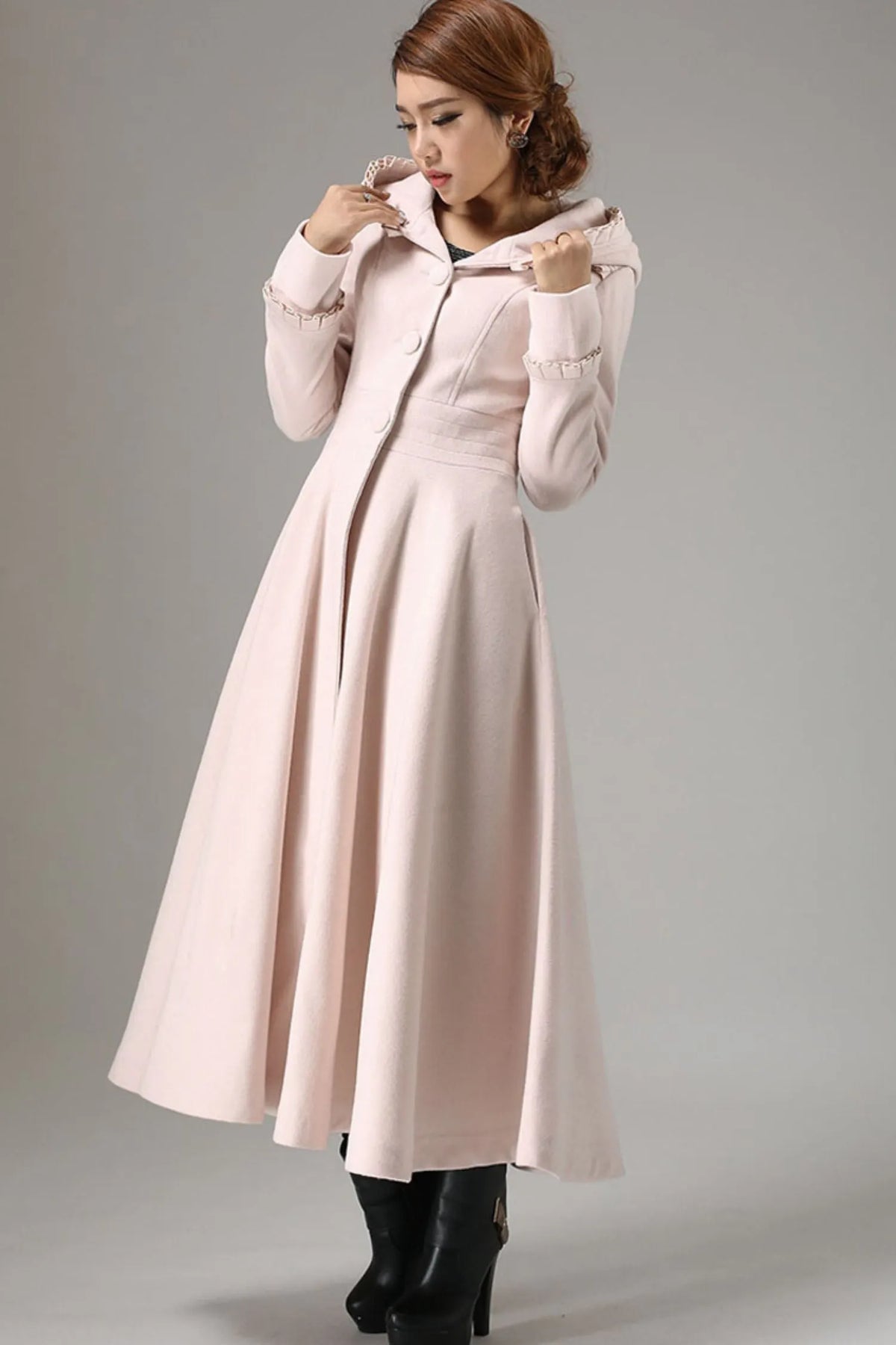 Vintage Pink Wool Blend Coat – Ruffle Hood Long Winter Coat for Women 