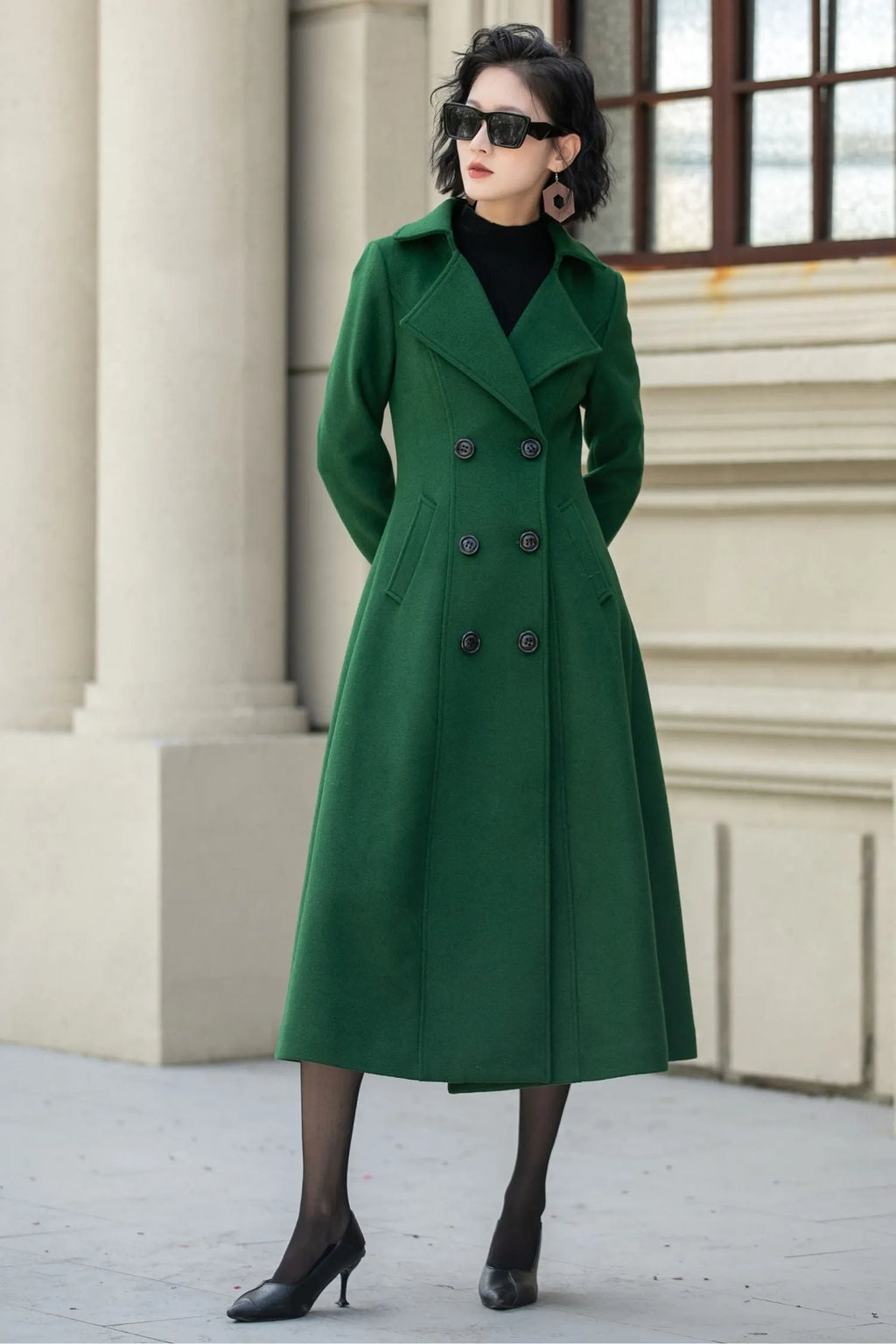 Green Wool Midi Coat - Double Breasted Tailored Fit 5349