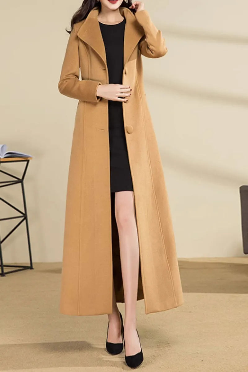 Camel Wool Long Coat - Asymmetrical Front with Tie Belt 4589