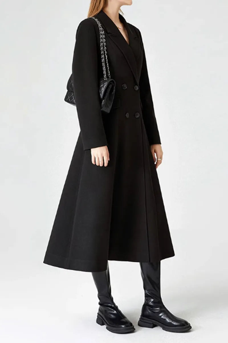 Black Wool Blend Long Coat - Double Breasted Belted 
