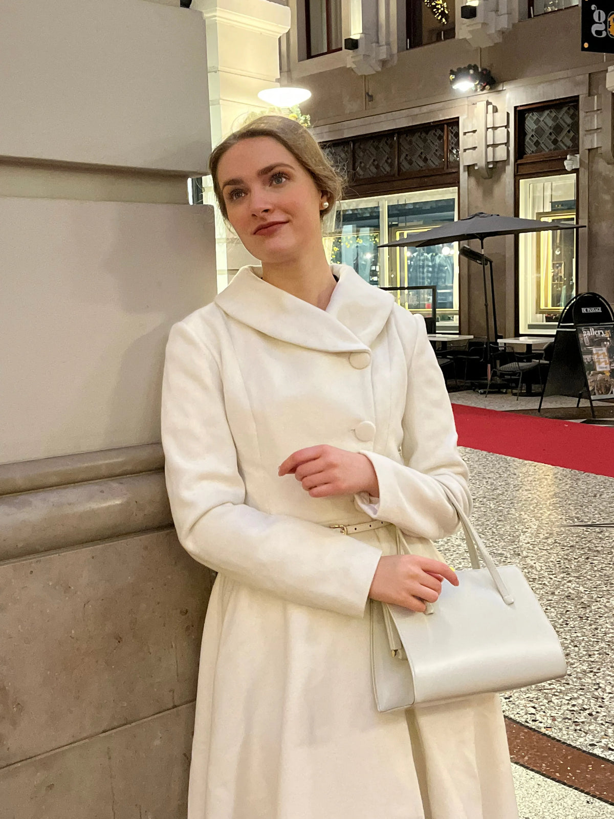Vintage Inspired Wool Coat – White Winter Midi with Long Sleeves  4141