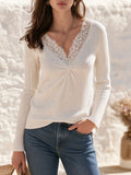 Ivory Ribbed Jersey With Floral Lace V Neckline And Flattering Ruched Bust Slim Fit Long Sleeve Top