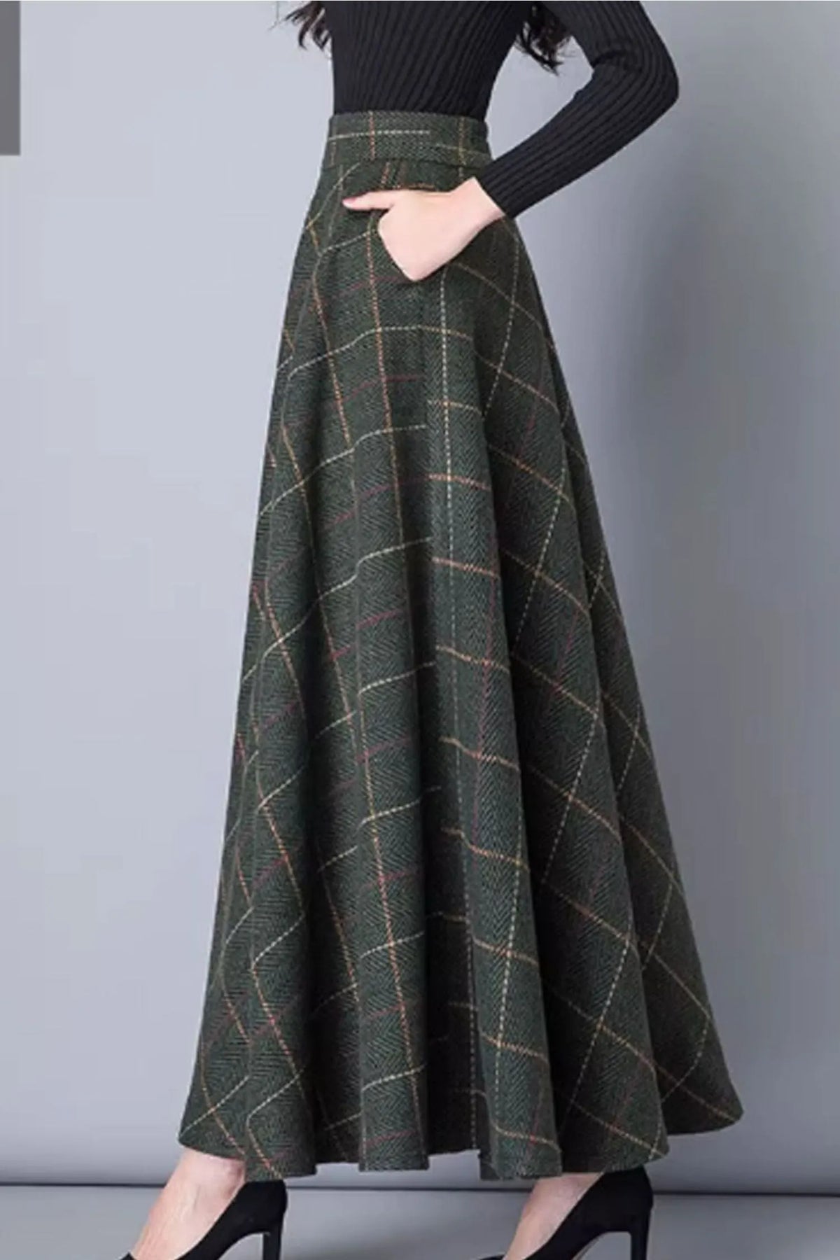 Winter Wool Maxi Skirt - Plaid Pattern with Pockets 4639-6