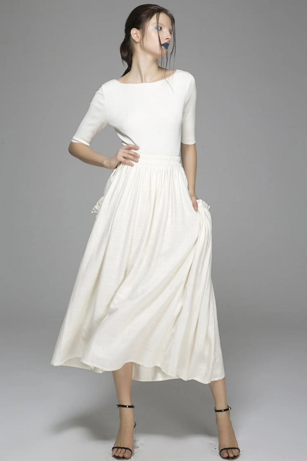 White Linen Cotton Maxi Skirt - Elastic Waist Big Pockets 