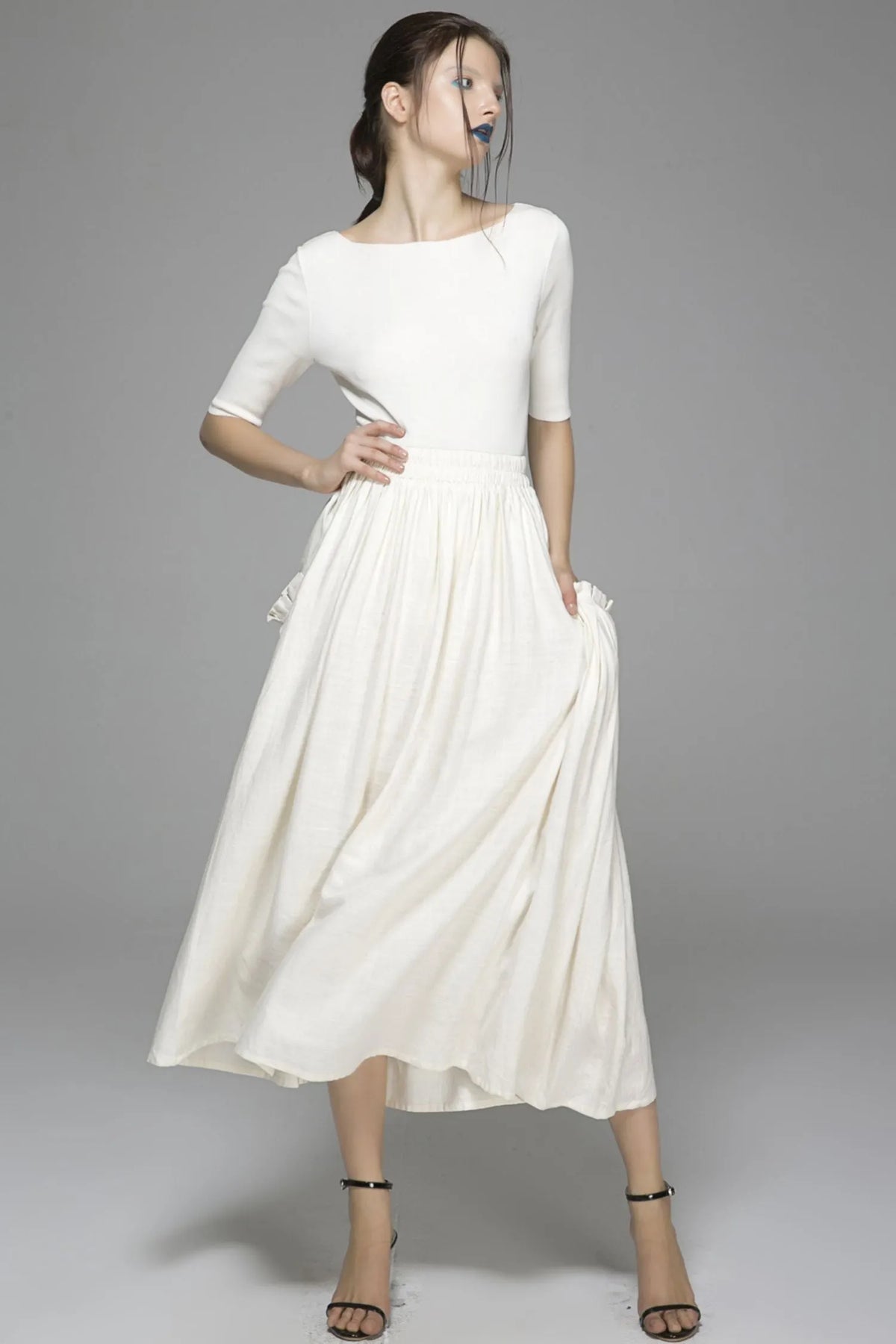 White Linen Cotton Maxi Skirt - Elastic Waist Big Pockets 