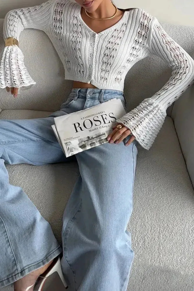 Hollow Out Knit V Neck Long Sleeve Cardigan