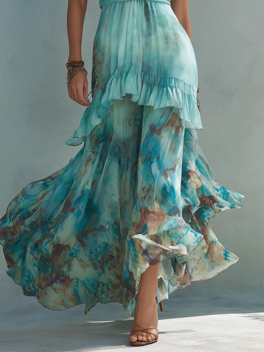 Bohemian Printed Chiffon Maxi Dress With Ruffles