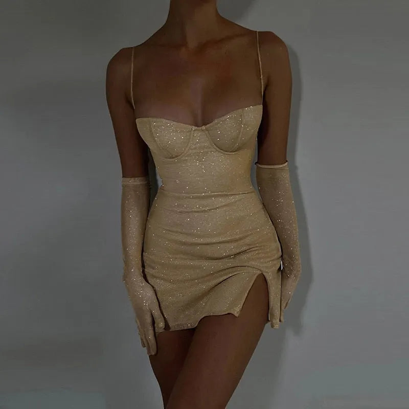 Glitter Party Club Fashion Outfits Spaghetti Strap Sexy Slit Dress