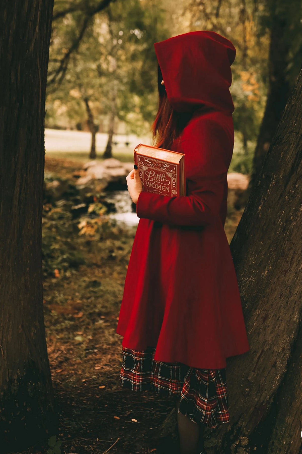 Red Wool Midi Coat - Hooded Empire Waist Swing Silhouette 2415
