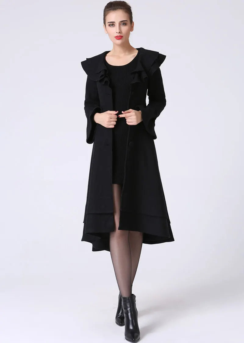 Black Wool Dress Coat – Elegant Ruffle Detail Belted Winter Coat 1062
