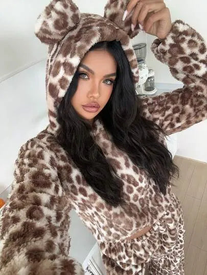 Double-Sided Arctic Print Leopard Hooded Pajama Set