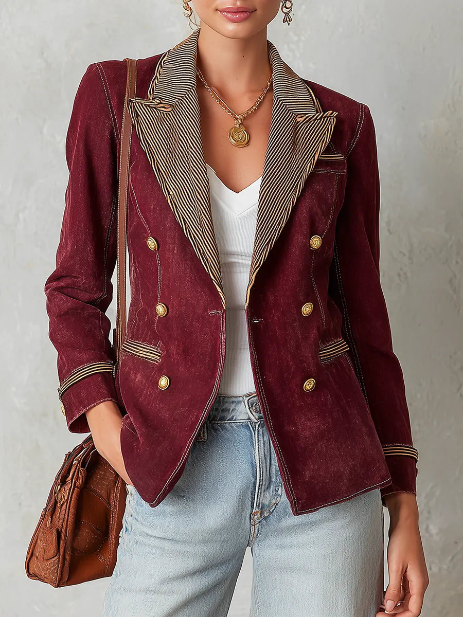 Burgundy Double and Striped Lapels Breasted Blazer