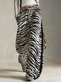 Casual Retro Black And White Color-Blocked Zebra Print Cotton Faux Suede Trim Pants