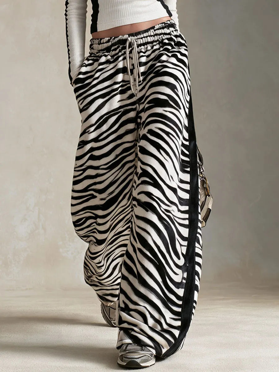 Casual Retro Black And White Color-Blocked Zebra Print Cotton Faux Suede Trim Pants