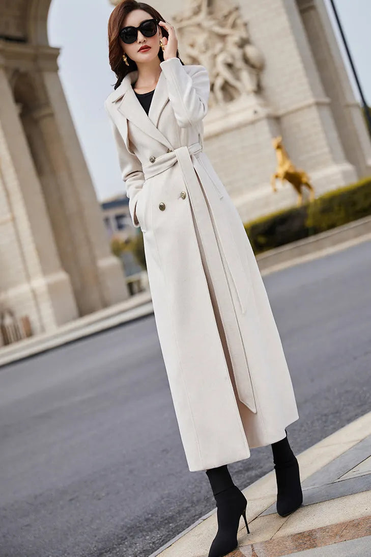 Beige Wool Coat – Handmade Long Double Breasted Belted Winter Overcoat for Women 3978