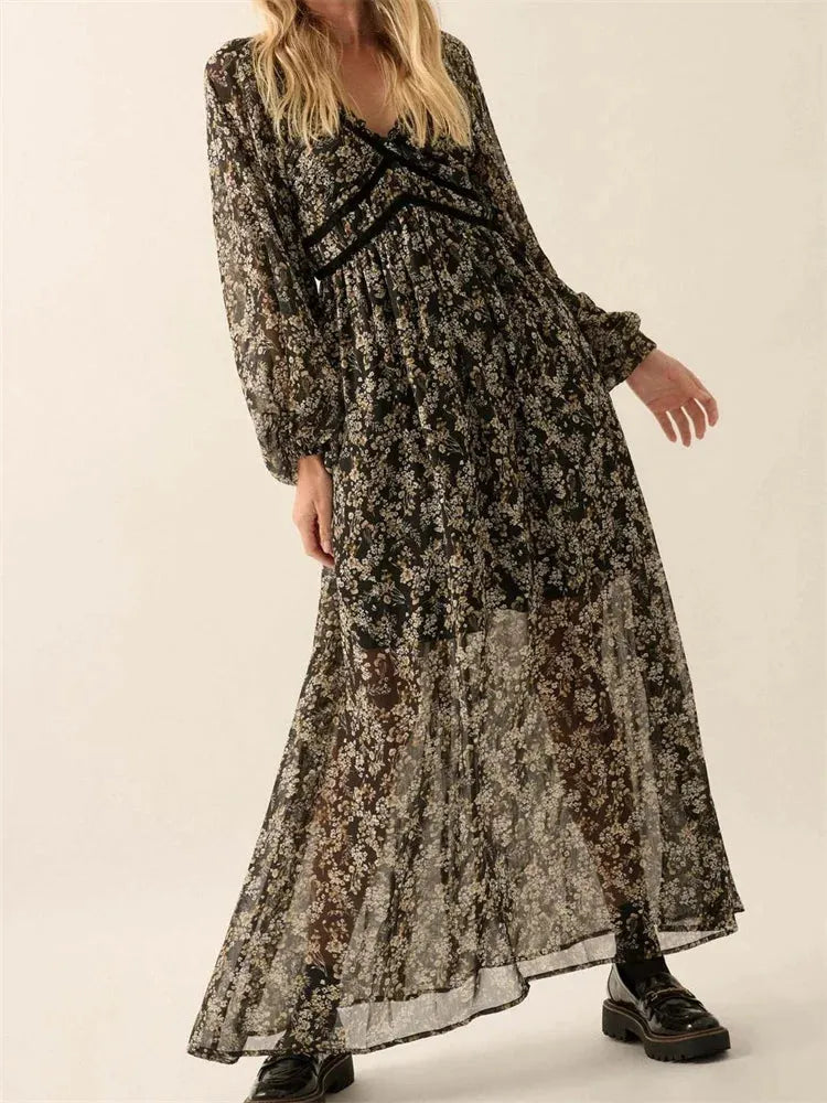 Vintage Women Bohemian Floral Print Summer Sleeve V Neck High Waist Chiffon Flowy Vestidos