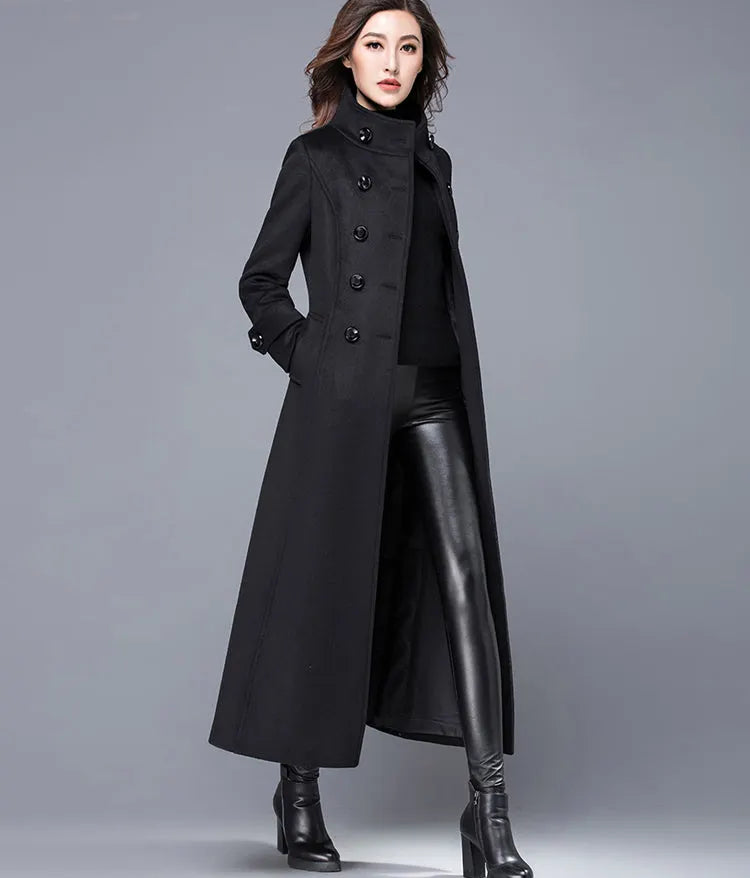 Handmade Dark Green Wool Coat – Double Breasted Military Long Overcoat 