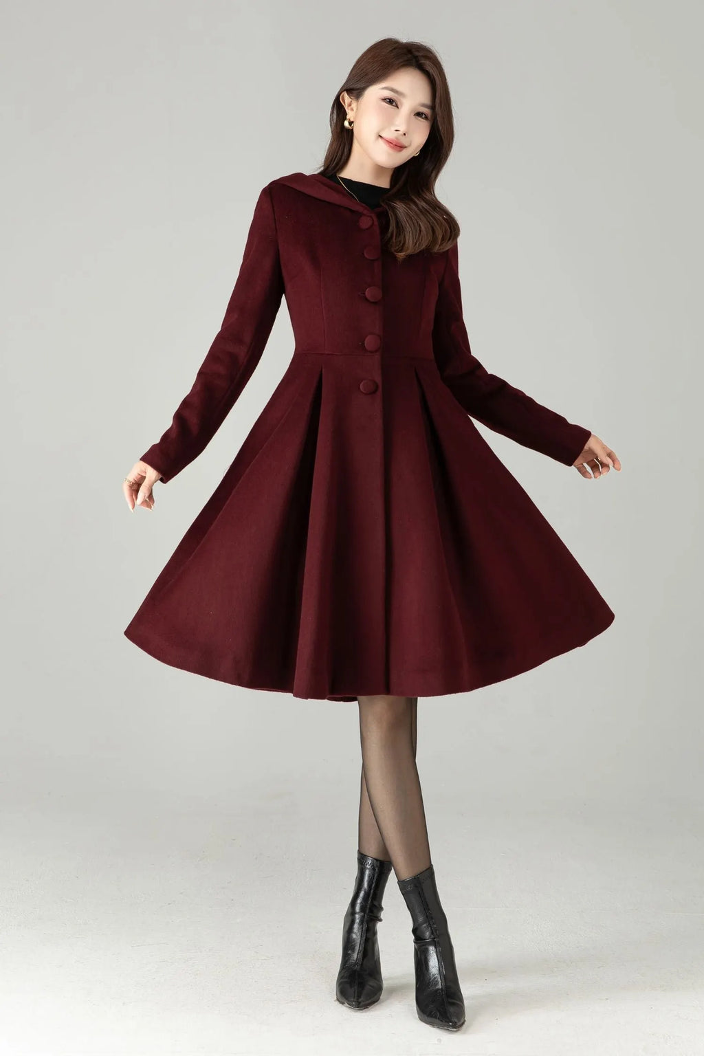 Hooded Burgundy Wool Coat – Vintage Fit & Flare Short Winter Coat 