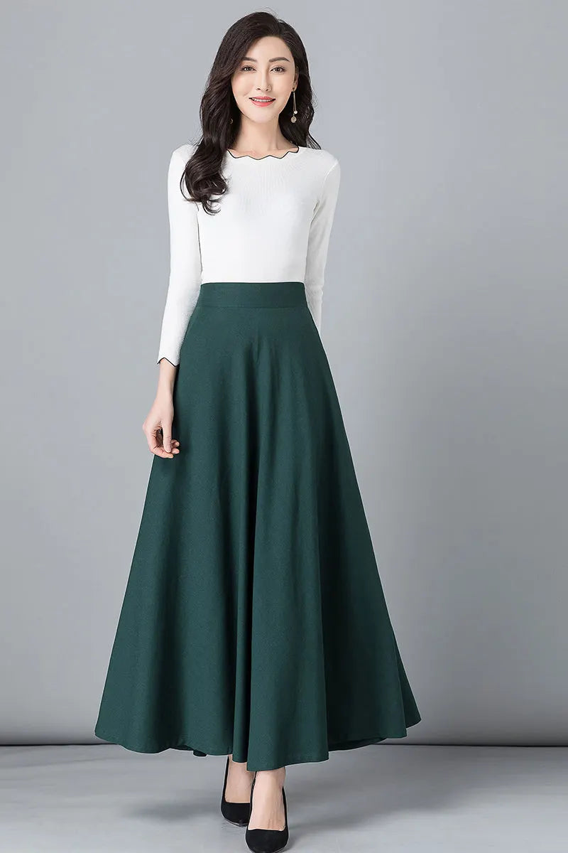 Army Green Linen Cotton Maxi Skirt - High Waist A-Line Silhouette 2543