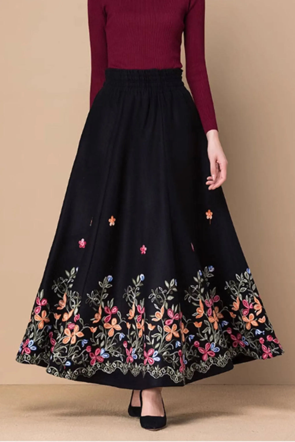 Black Wool Maxi Skirt - Embroidered A-Line with Elastic Waist 4770