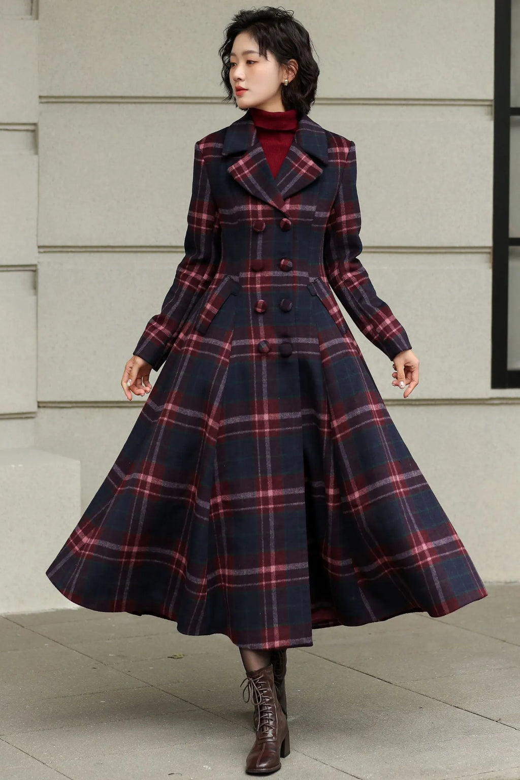 Plaid Wool Swing Coat – Vintage 1950s Double Breasted Long Overcoat 6536