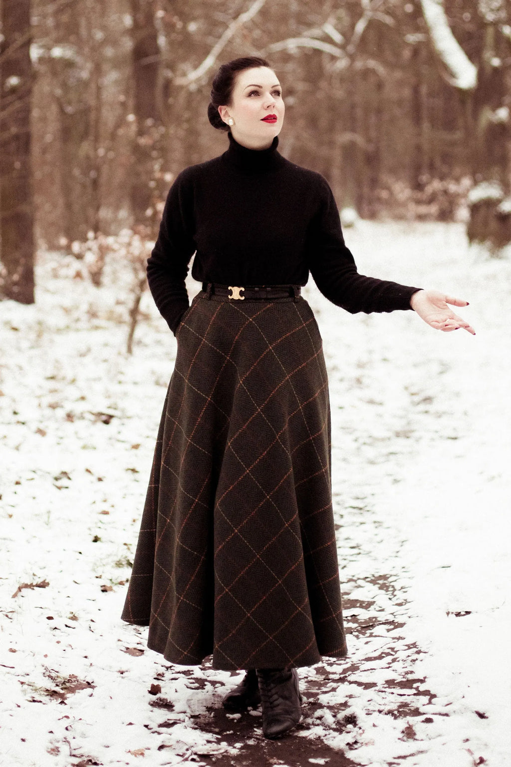 Green Plaid Wool Skirt - Full Ankle-Length with Stretch Waistband 4125