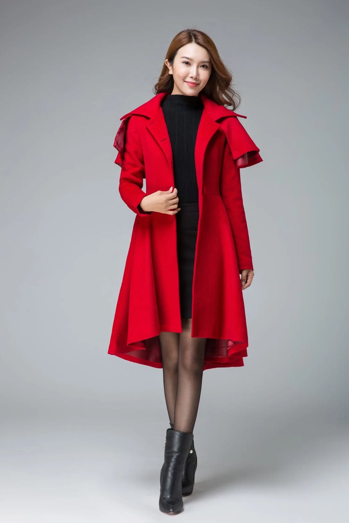 Handmade Red Wool Cape Coat – Vintage High-Low Winter Overcoat with Detachable Cape 