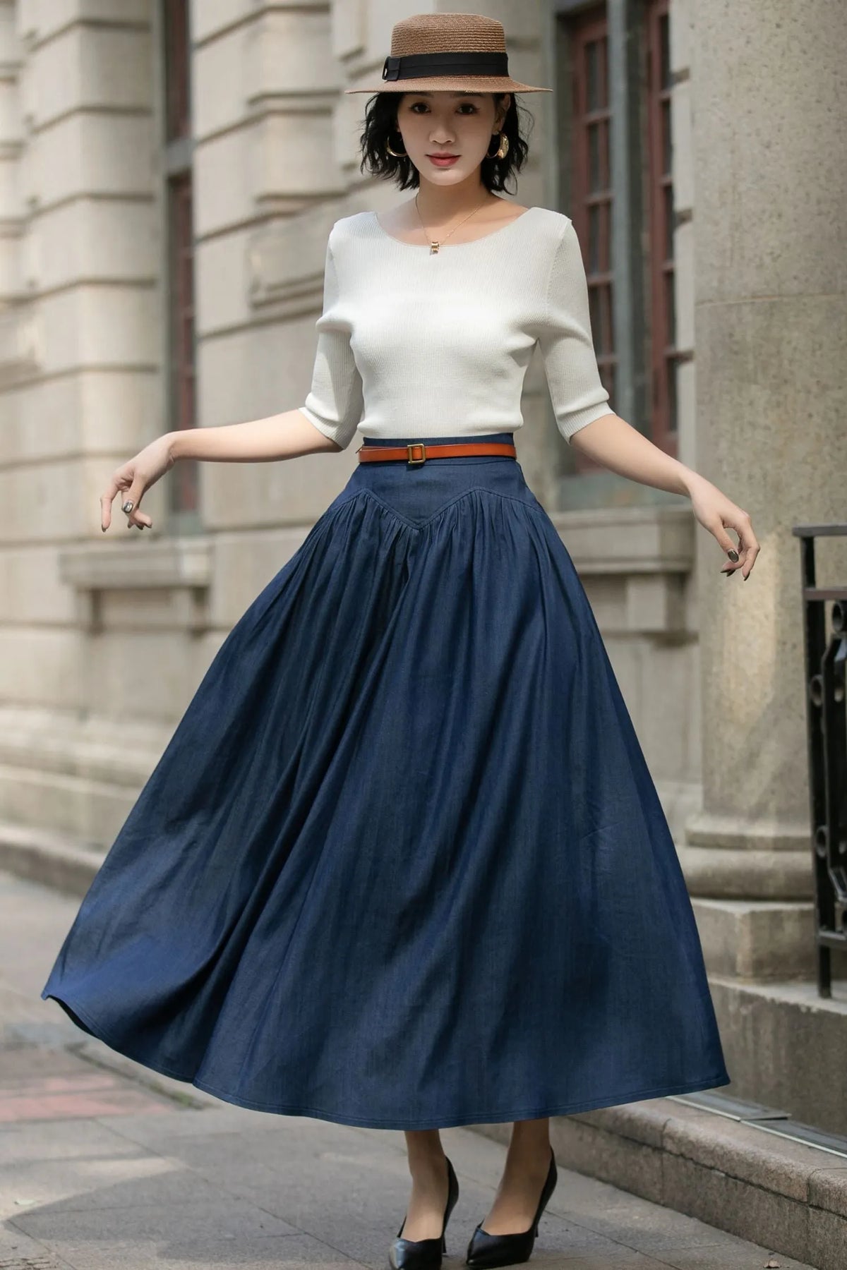 Navy Cotton Maxi Skirt - High Waist Pleated Two Pockets 