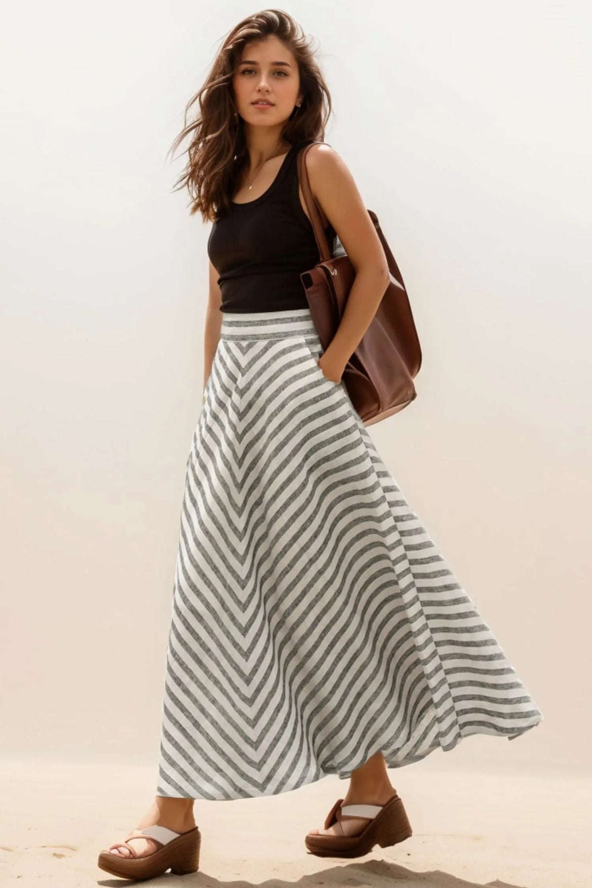 Striped Linen Maxi Skirt - A-Line Flowy High Waist 5120