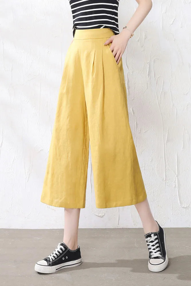 Yellow Linen Wide Leg Pants - Back Elastic Waist, Front Pockets 3523