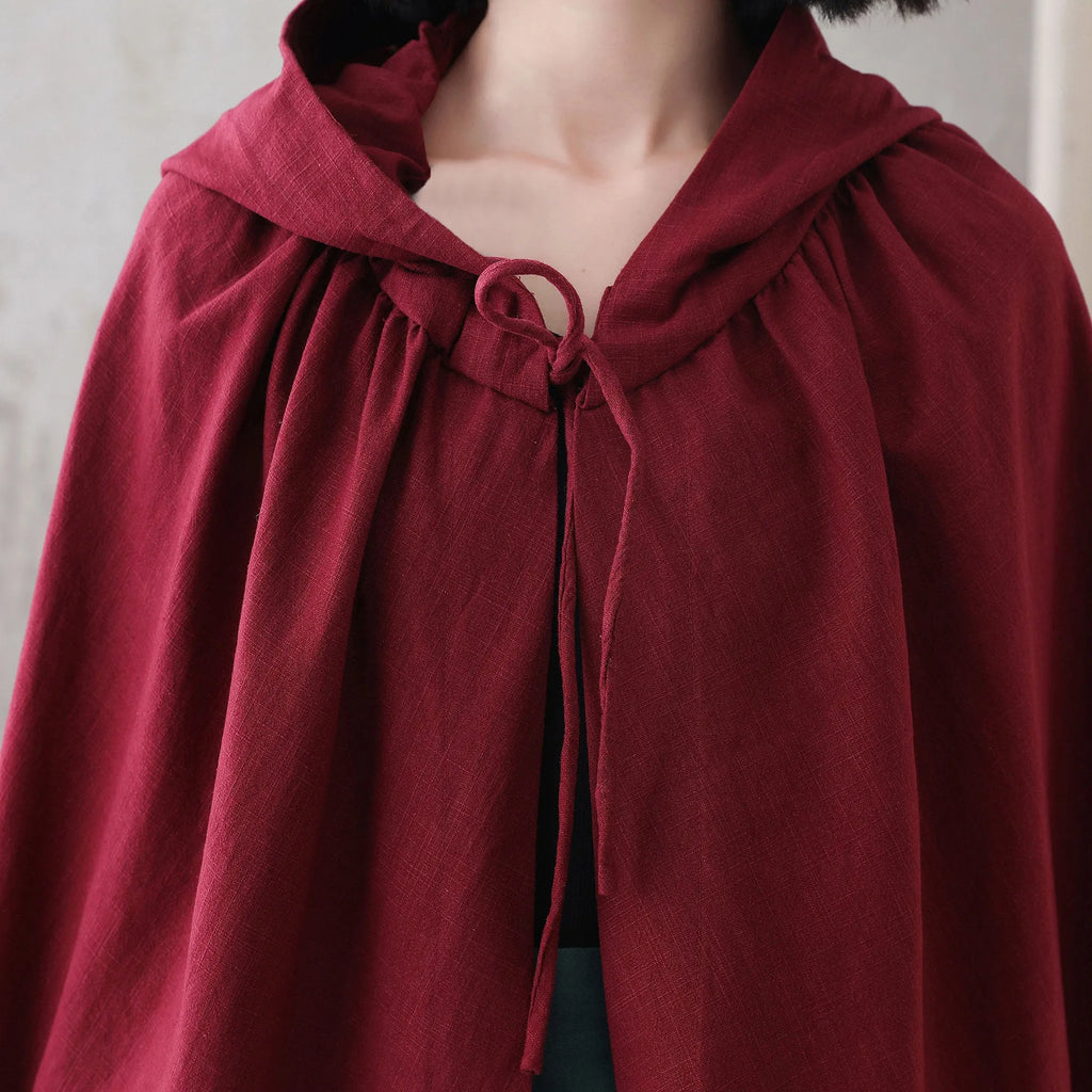 Red Linen Hooded Cloak – Handmade Vintage Cape with Influencer Picks 3288