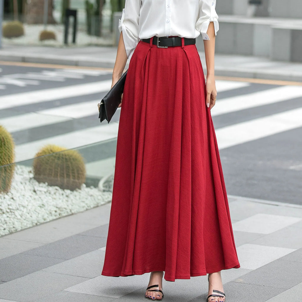 Red Cotton Linen Maxi Skirt - High-Waisted Pleated A-Line Swing 5516
