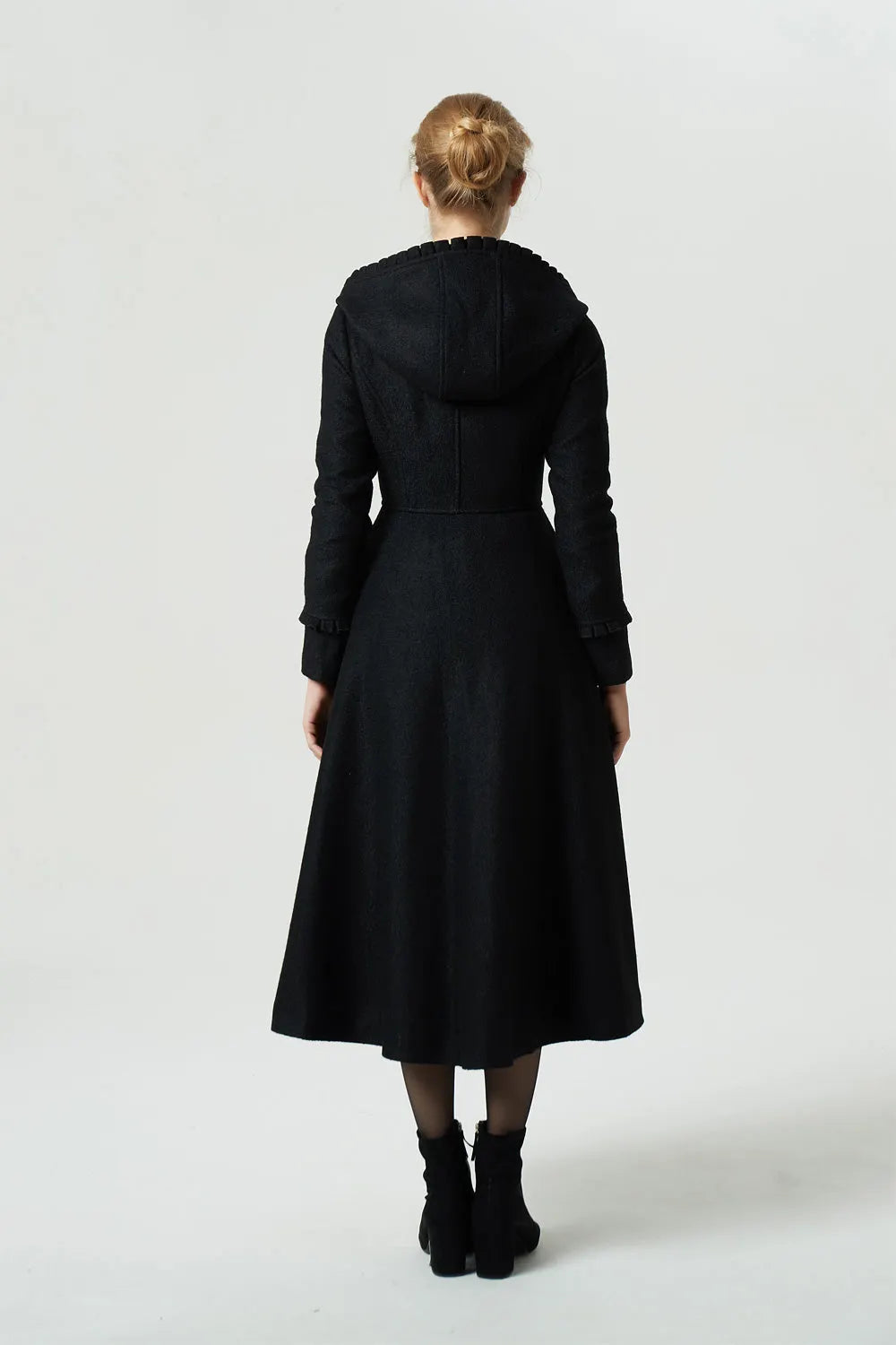 Vintage Wool Coat for Women – Handmade Black Hooded Fit and Flare Maxi Coat with Gold Buttons 