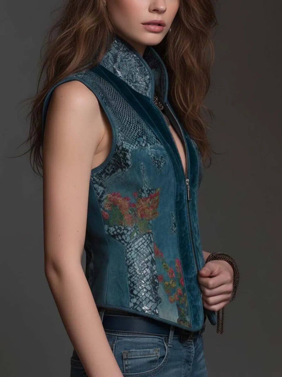 Deep Teal Velvet Zip-Front Vest Top