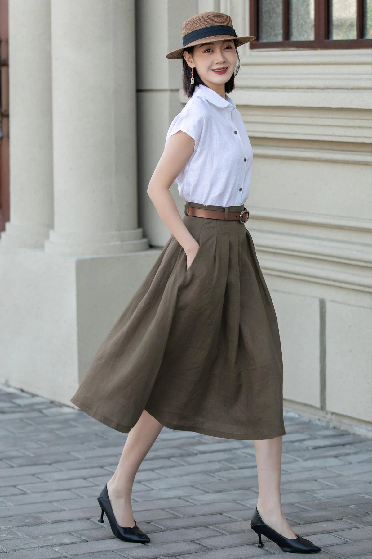 Olive Green Linen Blend Pleated Midi Skirt - A-Line with Pockets 5556