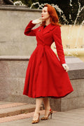 Elegant Red Wool Blend Coat – Handmade Fit & Flare Long Winter Coat 