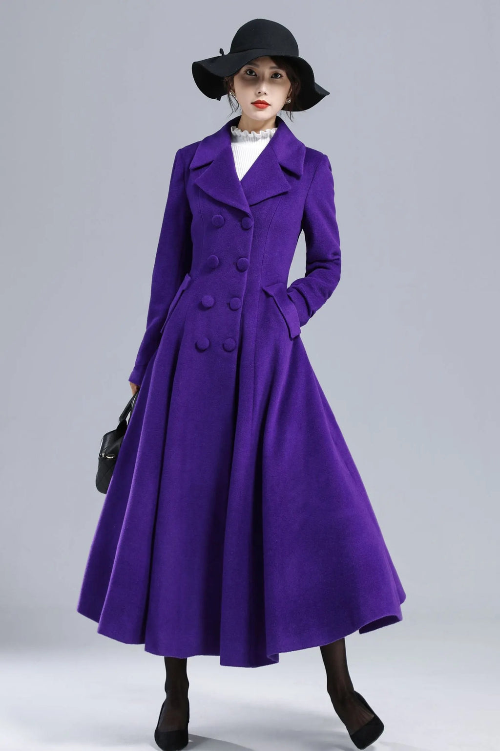 Purple Wool Coat - Vintage Double-Breasted Fit-and-Flare Overcoat 3237